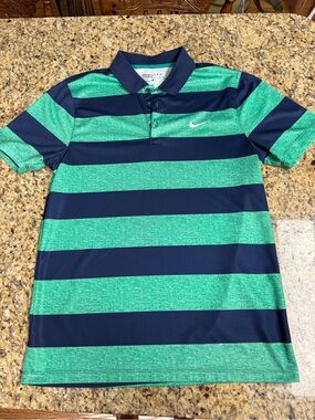 Nike Men's Green and Navy Striped  Golf Polo
